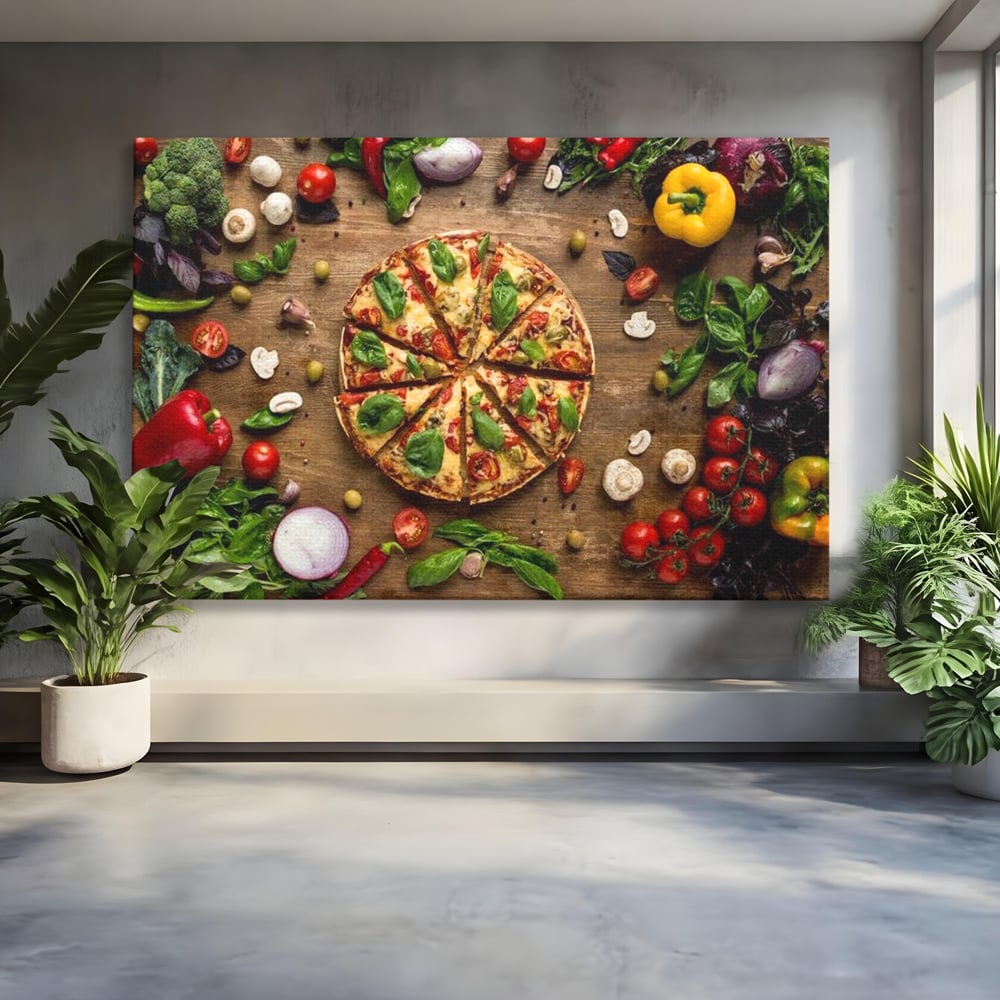 Tablou canvas cu tablou canvas cu pizza si legume, fara rama, pe sasiu de lemn
